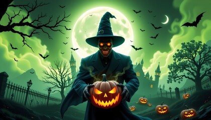 An animated Halloween scene where a wizard dressed in traditional sorcerer attire is standing in the center