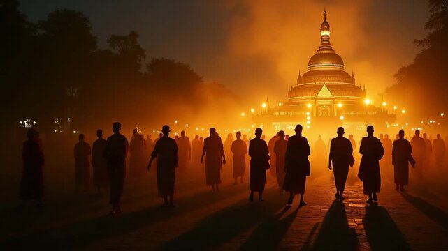 Monks Chanting Procession at Twilight: Sacred Chedi Illuminated by Golden Lanterns - Asalha Holy Event Photo Stock Concept with Empty Space