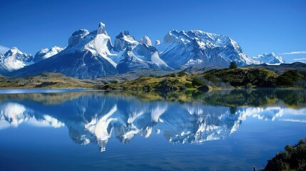 Snowy mountains reflected in a clear lake under a bright blue sky on a sunny day in nature outdoors