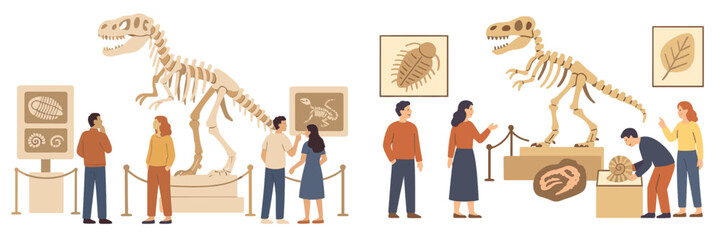 People visiting a natural history museum with dinosaur skeletons and ancient fossils on display for an educational exhibition © icon_art