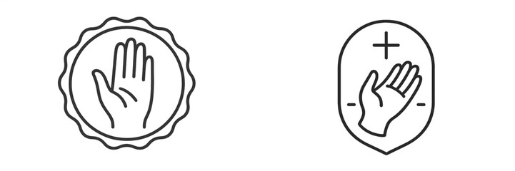 Set of line icons for antibacterial protection and quality guarantee seal with hand symbol for hygiene and safety certification