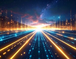 glowing streams of binary code flowing like a river through a digital landscape, symbol of data and technology.