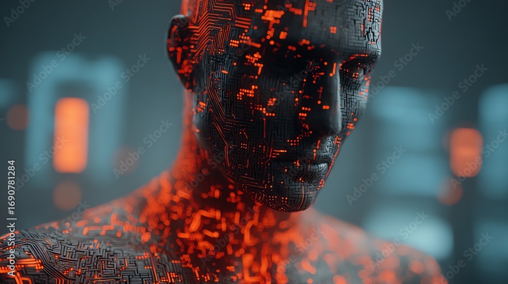 Poster a striking digital portrait depicts a human face constructed from intricate glowing circuitry, evoki