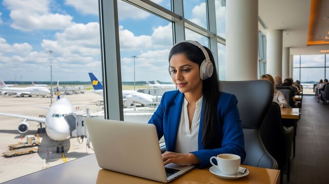 Professional Woman Working on Laptop at Airport Lounge with Airplane View