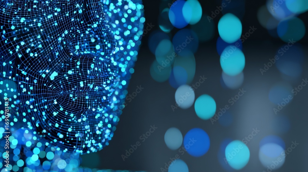 Poster a digital human face emerges from a network of glowing particles, representing the intersection of t
