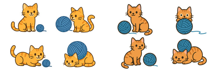 Set of cute cartoon ginger tabby cats playing with a blue ball of yarn in various poses isolated on a white background