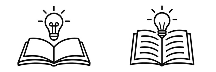 Open book with light bulb icon set for knowledge, learning, and creative ideas, minimalist line art symbol for education and innovation