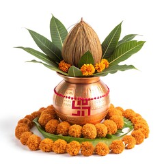 Kalash: Auspicious Copper Pot with Marigold & Mango Leaves