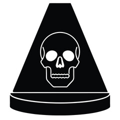 “Extreme close-up of a striking yellow skull placed on a sleek podium, its glossy surface catching and reflecting numerous bright lights from multiple angles. The reflections scatter across the skull 