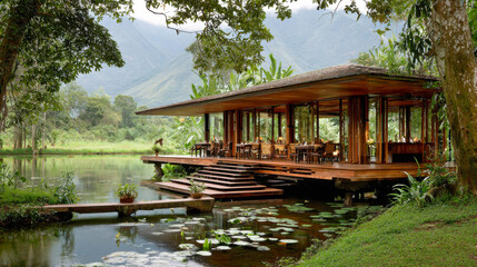 Obraz premium Glorious wooden restaurant surrounded by lush greenery and a serene lake in a tropical paradise setting during daytime