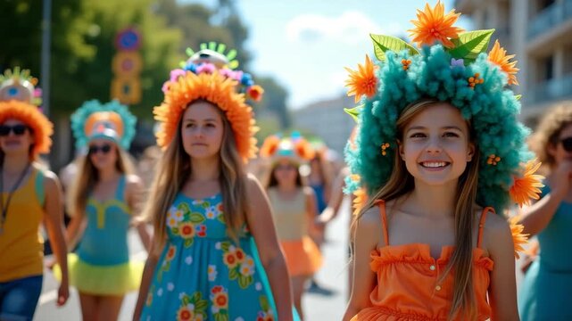 Colorful Eco Celebration Parade: Themed Costumes & Renewable Material Floats Showcasing Sustainable Lifestyle Ideals - Stock Photo with Space for Text