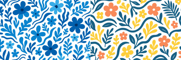Modern abstract floral seamless pattern collection with stylized botanical elements in blue and warm color palettes
