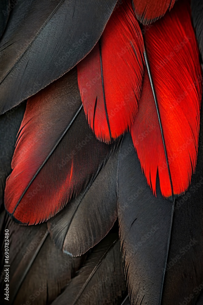 Poster close up of two red feathers and other black feathers. abstract pattern for natural background or be