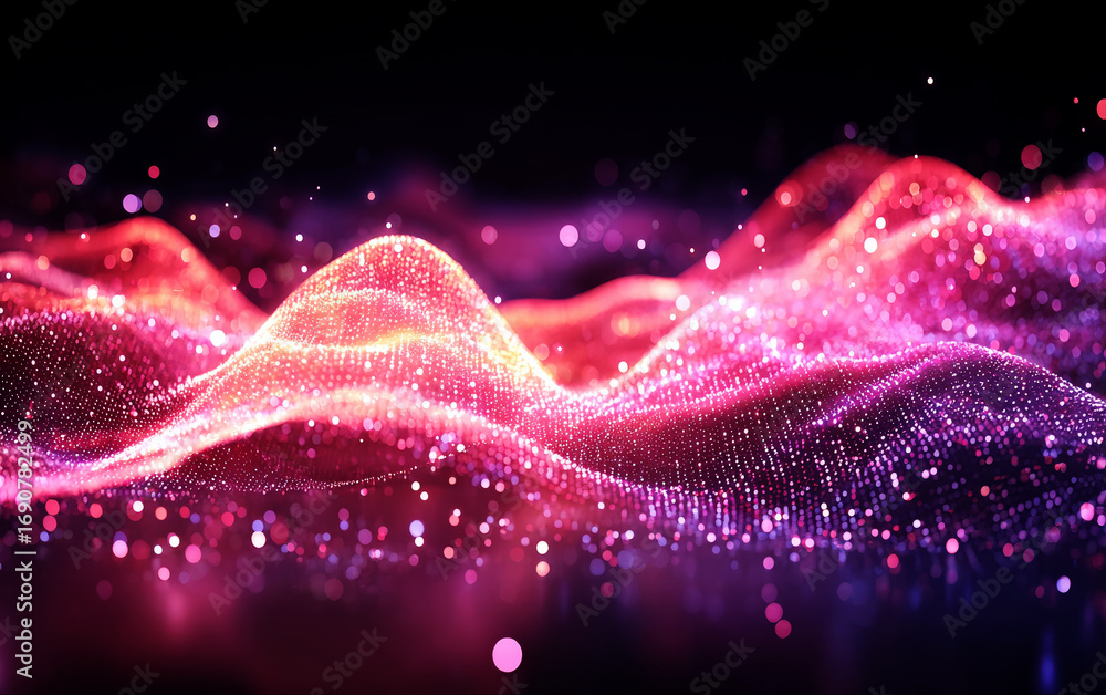 Poster vibrant abstract wave pattern with glowing particles