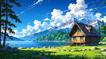 Scenic Anime Lakeside Cabin with Snowy Mountains