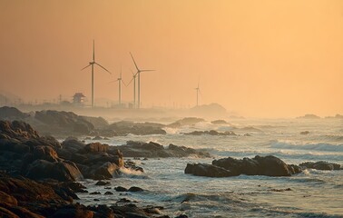It shows wind turbines on rocky coasts with waves, under an orange sunset sky. Great for renewable energy ads, environmental campaigns, or coastal landscape visuals.