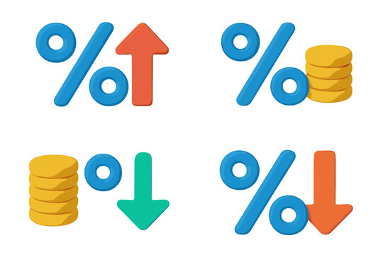 3D percentage sign icon set with up and down arrows and coins for finance, interest rate, and business concepts