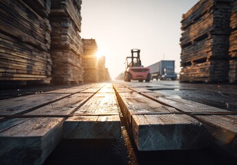 Obraz premium Lumberyard at Sunset Forklift Moving Wood Pallets for Transportation and Shipping