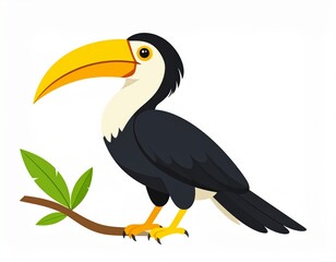 Fototapeta premium Cartoon illustration of a toucan perched on a branch with green leaves, isolated on a white background.