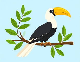 Obraz premium Cartoon illustration of a hornbill bird with a large yellow beak perched on a leafy green branch against a light blue background.