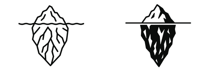 Line art and solid silhouette iceberg icons representing the psychological model of visible and hidden parts of a problem