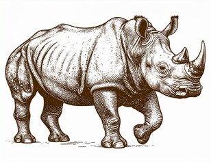 Obraz premium Detailed stippled illustration of a rhinoceros walking, showcasing its thick skin, horns, and powerful build.