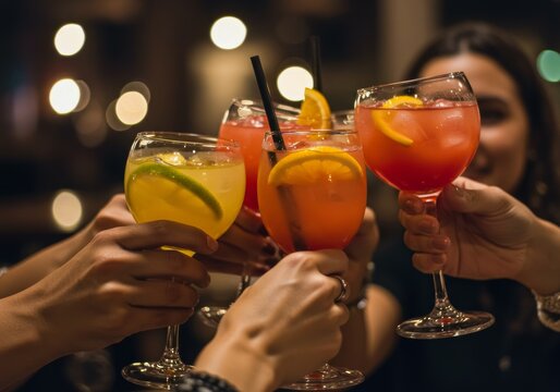 Friends Toasting with Colorful Cocktails in a Dimly Lit Bar