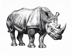 Obraz premium Detailed stippled illustration of a rhinoceros standing, showcasing its thick hide and powerful build against a white background.