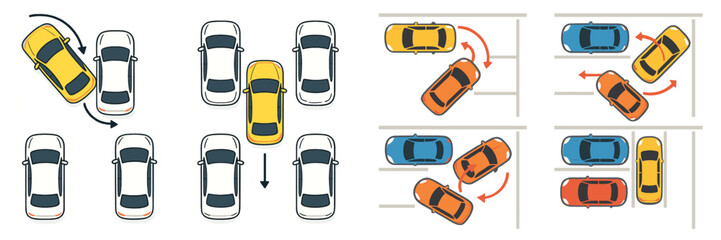 Instructional guide showing various car parking maneuvers including parallel and perpendicular parking from a top down aerial view