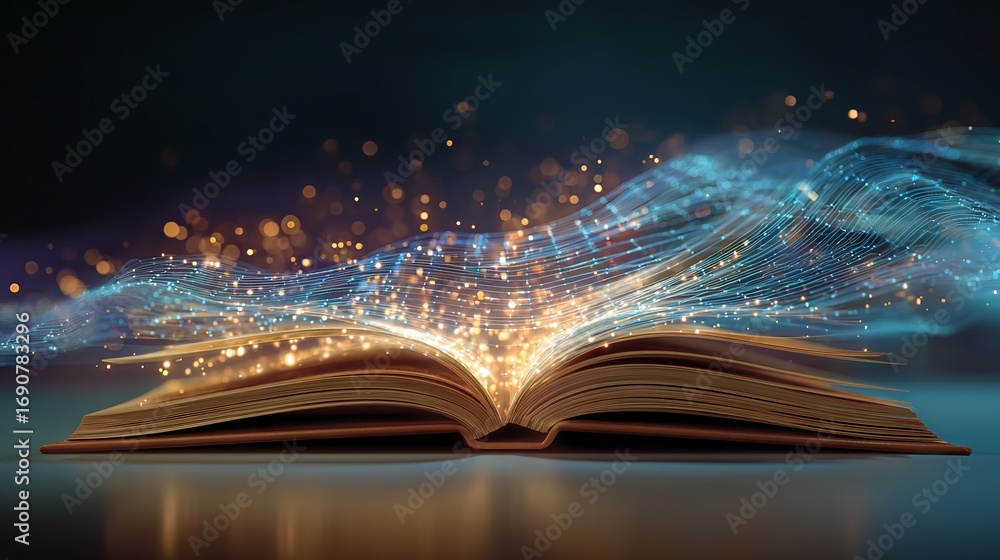 Poster open book unleashing magical data streams, knowledge explosion with glowing particles in a technolog