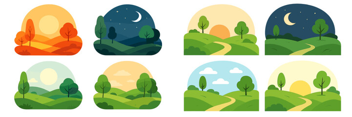 Set of minimalist landscape icons showing different times of day and seasons like spring, summer, and autumn with rolling hills, trees, sun, and moon
