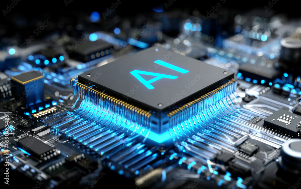 Poster advanced ai chip on circuit board showing technological innovation