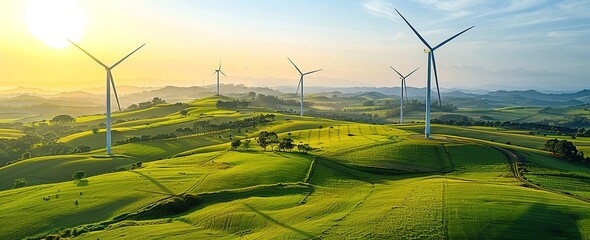 An image of a wind turbine standing tall in a vast natural landscape, suitable for brochures and posters of environmental protection organizations and new energy enterprises.	