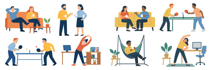 Set of office workers taking a break, relaxing on a sofa, playing table tennis, and exercising at the workplace for wellness and work-life balance