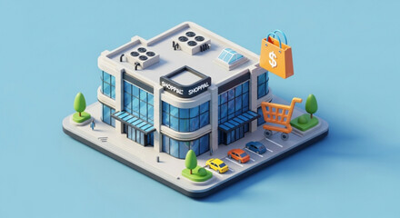 Isometric 3d rendering of a modern shopping center with parking, solar panels, and a shopping bag, symbolizing sustainable and convenient retail experience