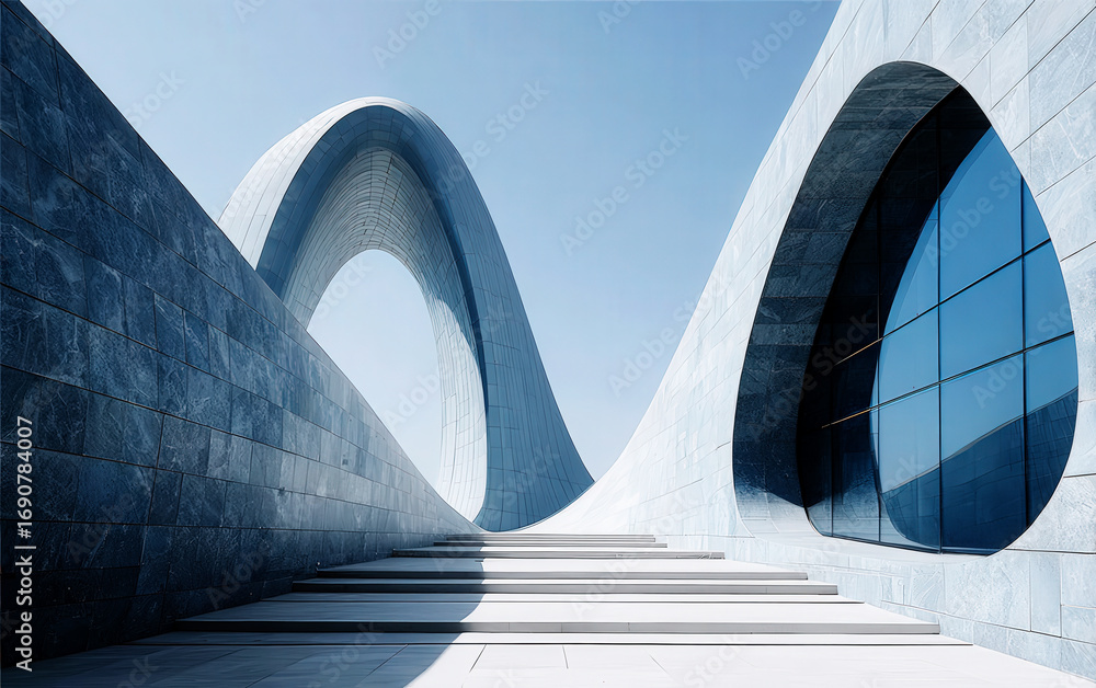 Poster modern architectural structure with unique curved shapes under clear sky