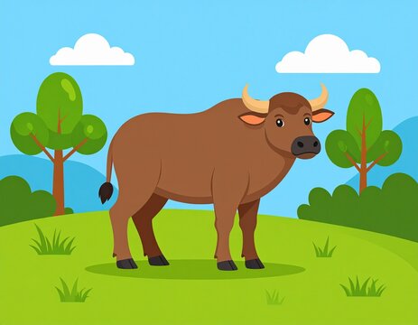 Cartoon illustration of a brown carabao standing in a green field with trees and clouds against a blue sky.