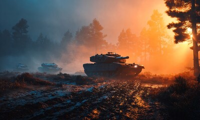 Fototapeta premium Battle Ready Armored Tank on Patrol Across Misty Battlefield at Dusk, Primed for Combat