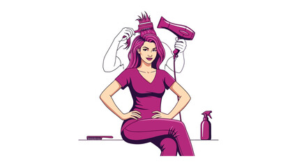 Stylish woman with voluminous windblown hair styled with a hairdryer in a salon setting with a comb and spray bottle