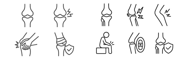 Knee pain and joint injury line icon set showing arthritis symptoms, bone health, medical treatment, and leg protection concepts