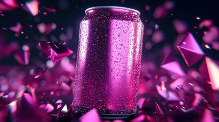 A soda can splitting into a cascade of geometric holographic fragments, abstract, glowing neon colors, ultra-modern, high detail.