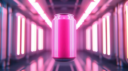 A neon pink soda can with a glowing holographic design, floating in a futuristic lab setting, sci-fi, modern, intricate. , closes up