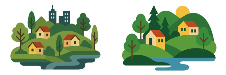 Set of two minimalist landscapes showing city suburbs and a countryside village with houses on green hills, trees, and a river © icon_art