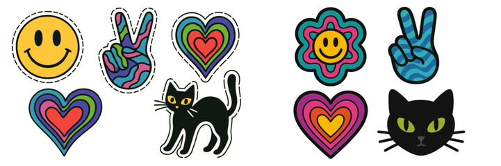 Groovy retro sticker set with psychedelic symbols like a smiley face, peace sign, colorful heart, and black cat from the 1970s hippie era