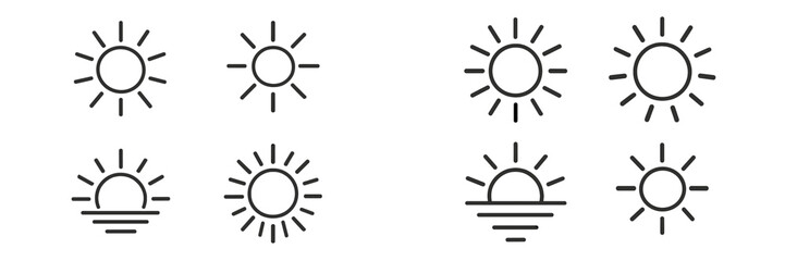 Set of minimalist sun line icons representing weather symbols for sunshine, sunrise, and sunset, black outline pictograms isolated on a white background