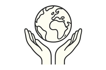 Minimalist line art icon of hands holding planet Earth symbolizing environmental conservation, global protection, and sustainability awareness