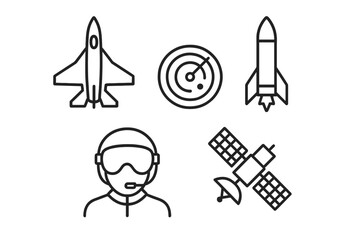 Fototapeta na wymiar Military aviation and aerospace technology line icon set with fighter jet, radar, rocket, pilot, and satellite symbols