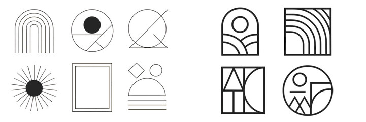 Collection of minimalist geometric logo icons and abstract line art symbols for modern branding and design elements