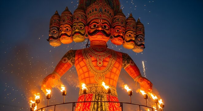 A giant, ten-headed effigy of the demon king Ravana is set ablaze with fire and sparks during the Hindu festival of Dussehra at night.