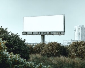 Obraz premium Blank Billboard Against Cityscape With Green Bushes